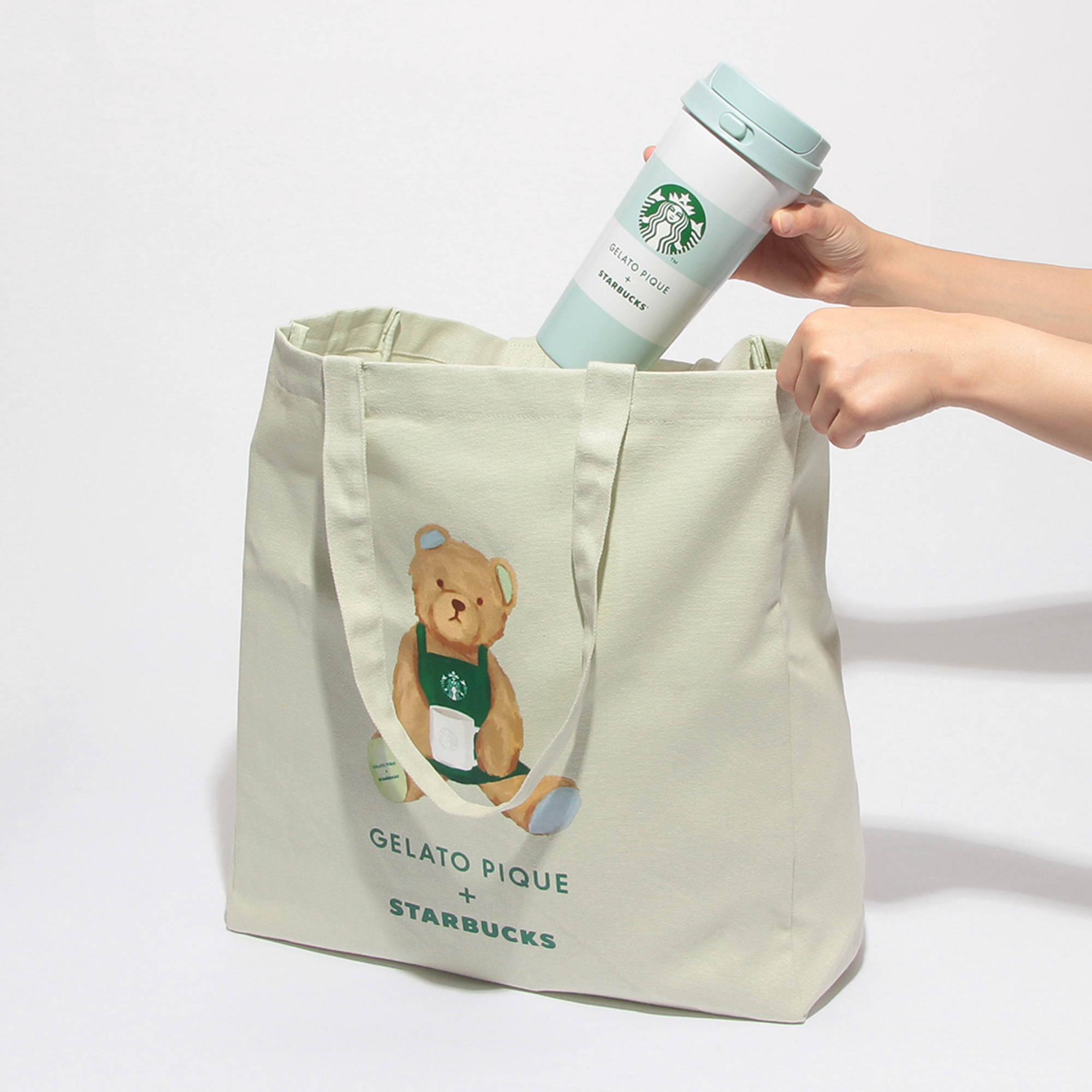 スターバックス ジェラートピケ　トートバッグ gelato pique ベアプリントマチ付トートバッグ ミントグリーン