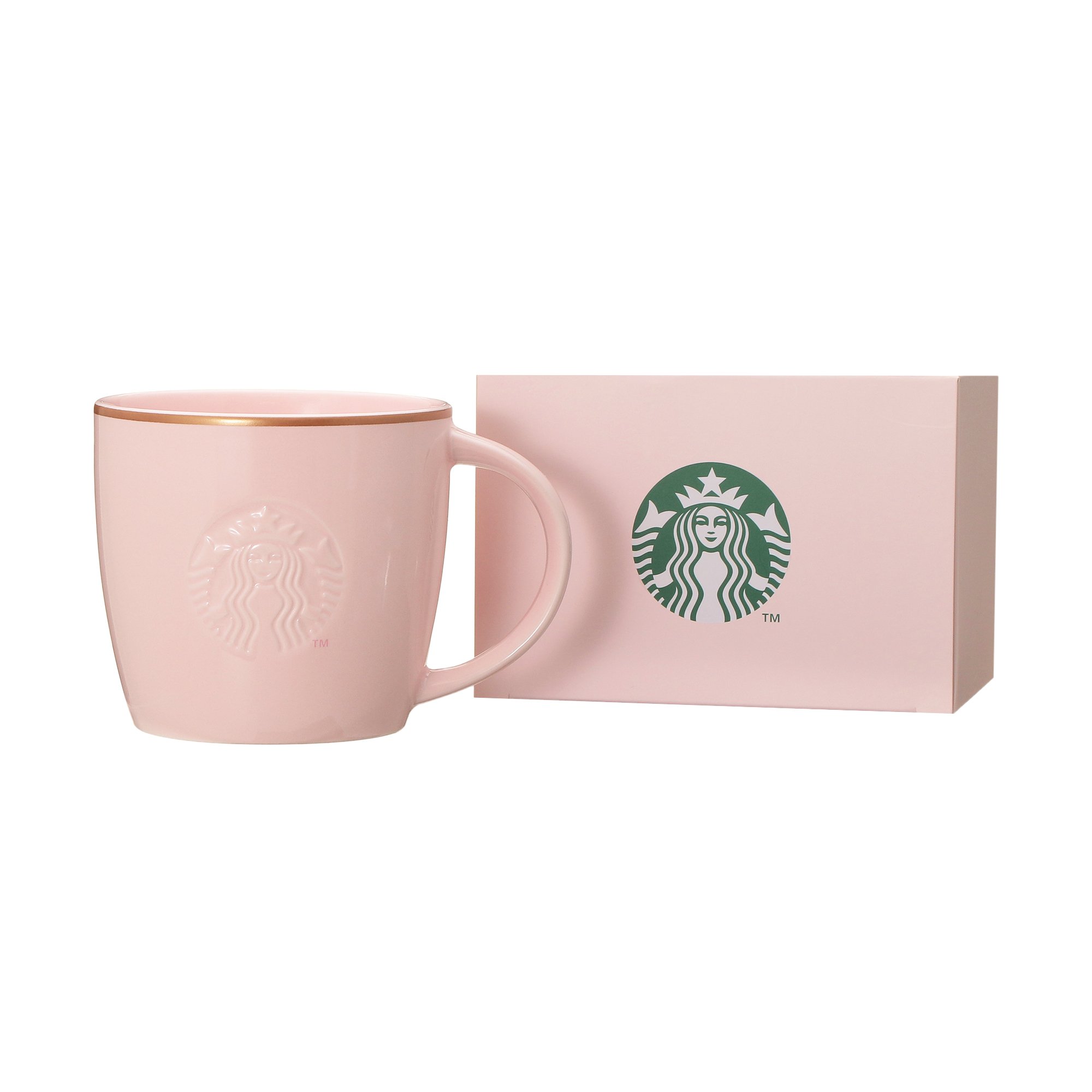 ギフトボックス入りロゴマグピンクベージュゴールドリム355ml