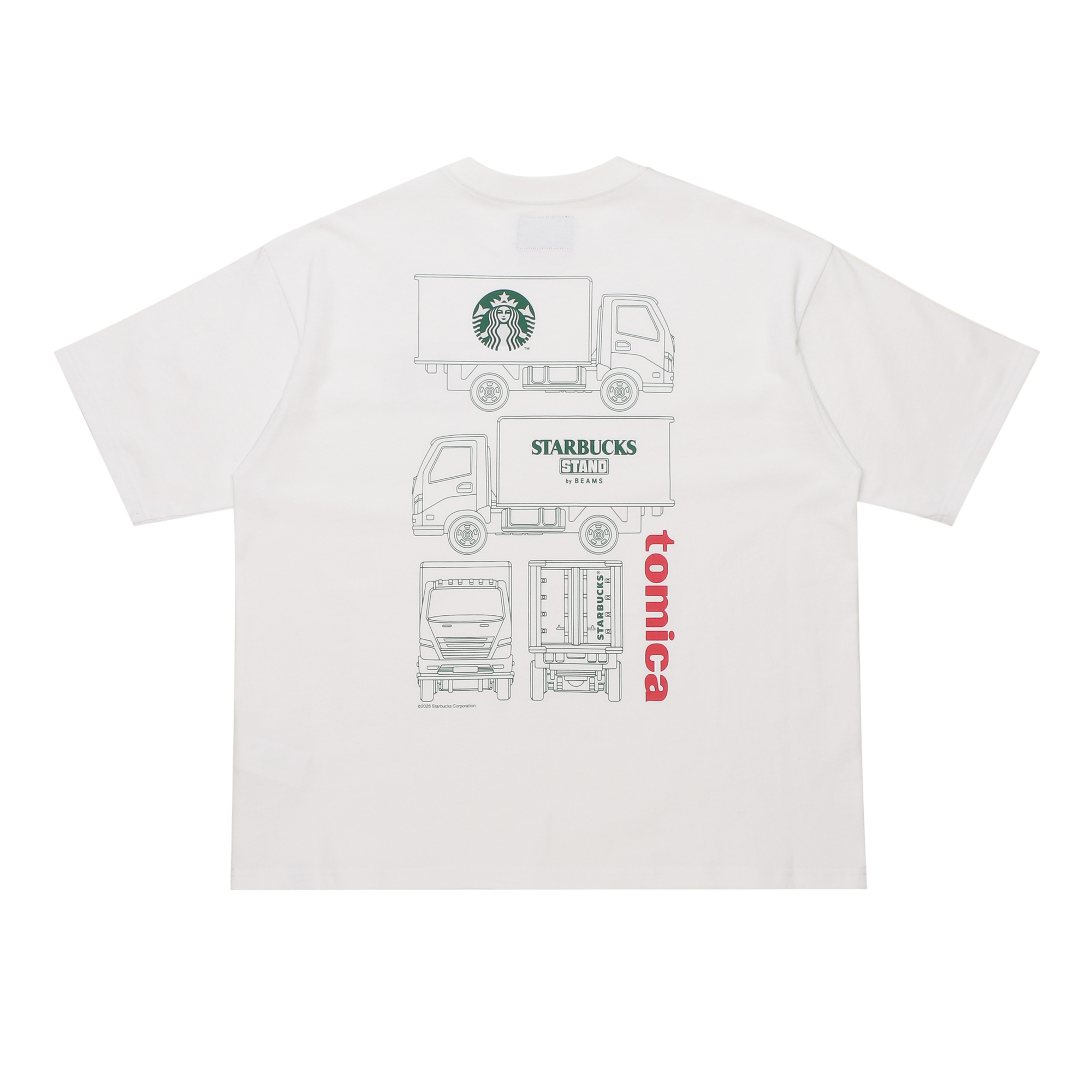 STARBUCKS STAND by BEAMS トミカ トラックプリントTシャツ A WHITE