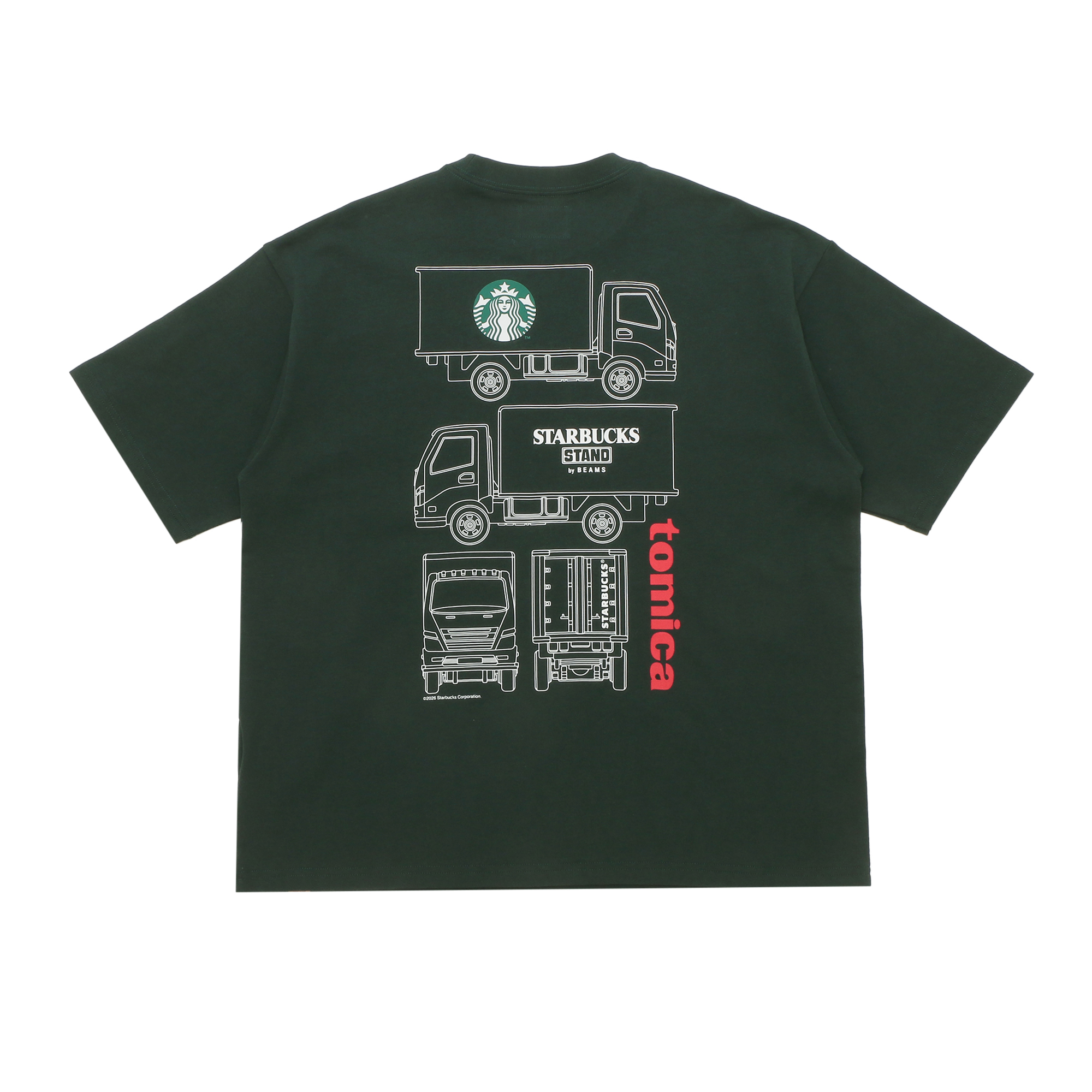 スターバックス　スタバ　トミカ　ビームス　Ｔシャツ　グリーン　M STARBUCKS STAND by BEAMS トミカ トラックプリントTシャツ A GREEN